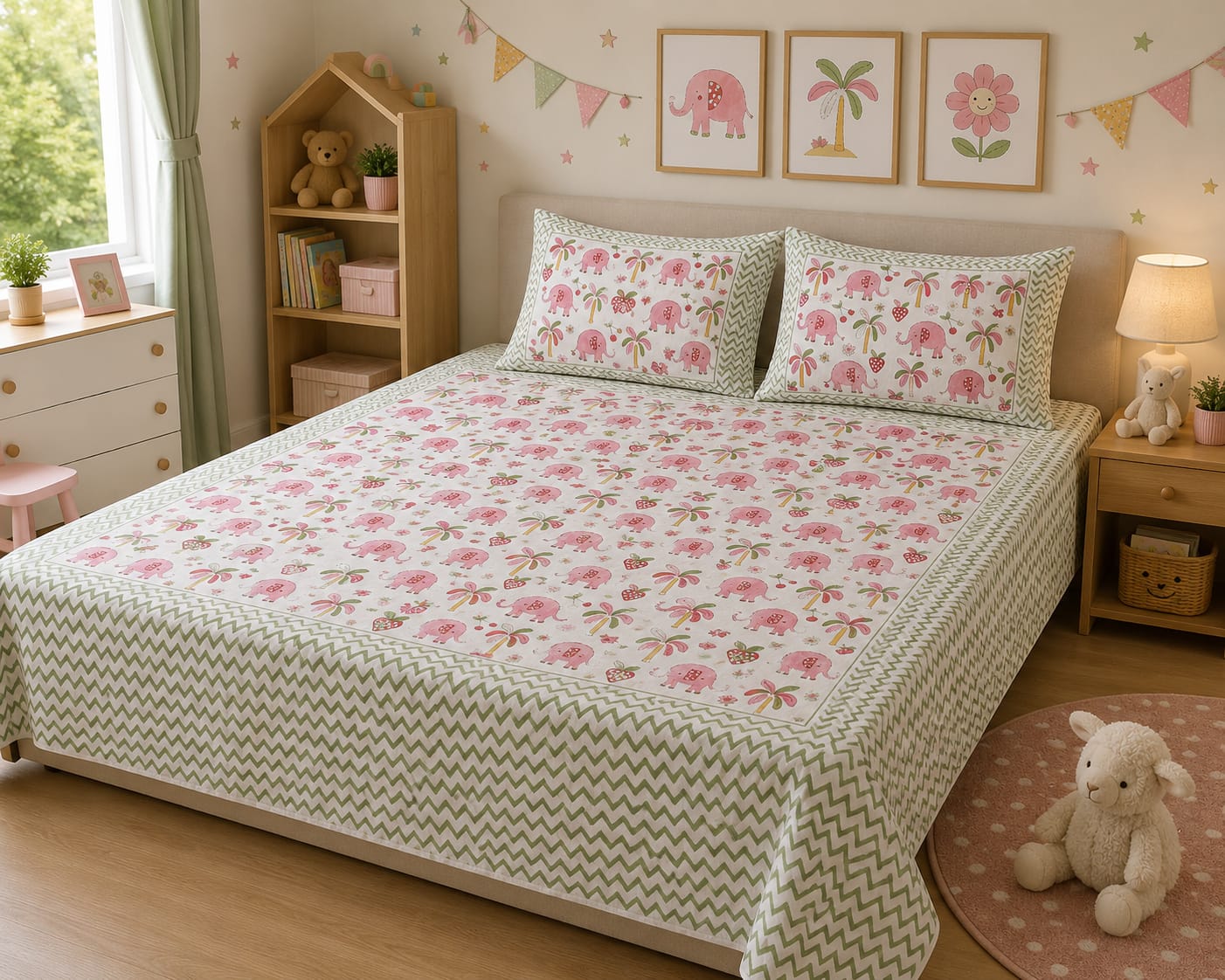 Kids Bedsheet King Size 100% Cotton – Pink Elephant Print