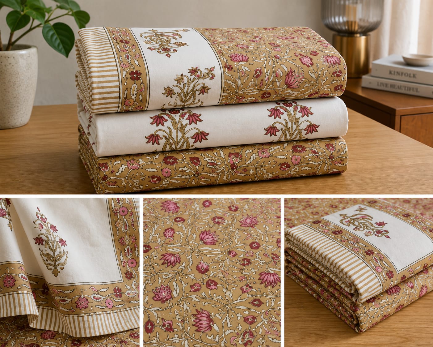 Sunehri Gulabi Floral Buti Print - 260 TC Cotton Bedsheet - ChapaSSyahi