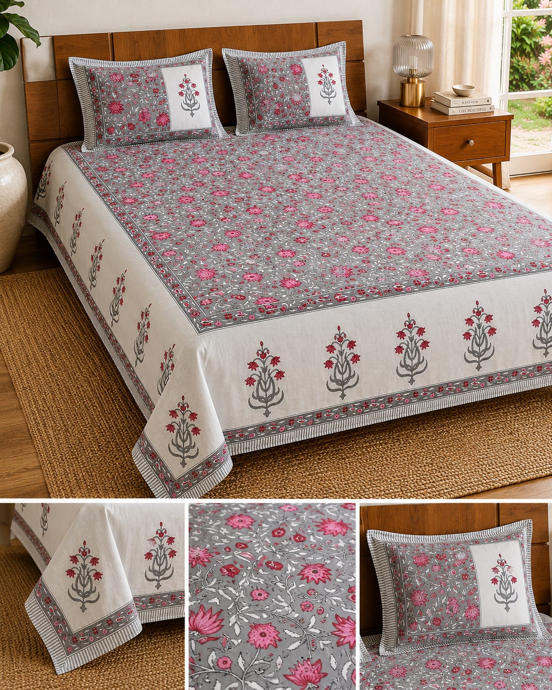 Gulabi Grey Floral Buti Print - 260 TC Cotton Bedsheet - ChapaSSyahi