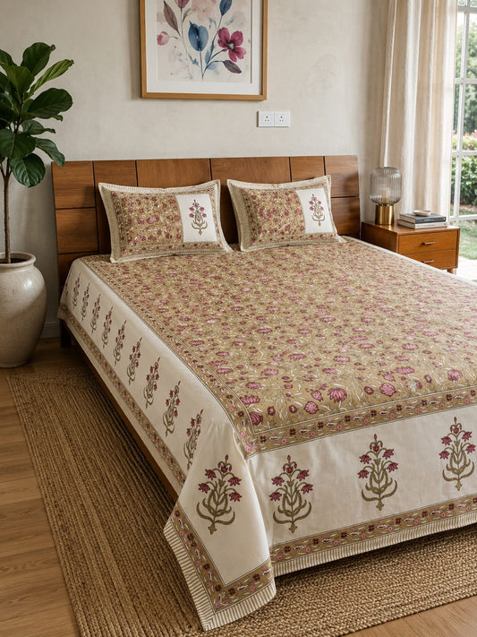 Sunehri Gulabi Floral Buti Print - 260 TC Cotton Bedsheet - ChapaSSyahi