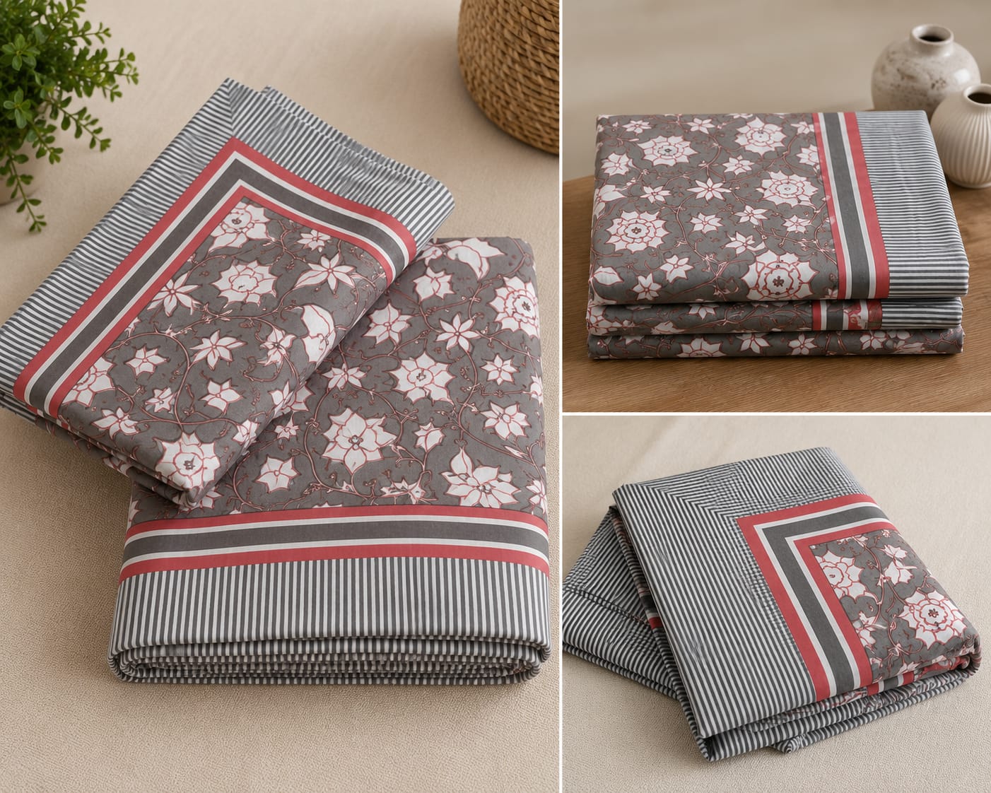 Grey Pink Floral Cotton King Size Bedsheet Set with 2 Pillow Covers | 100% Cotton | 225x275 cm | ChapaSSyahii