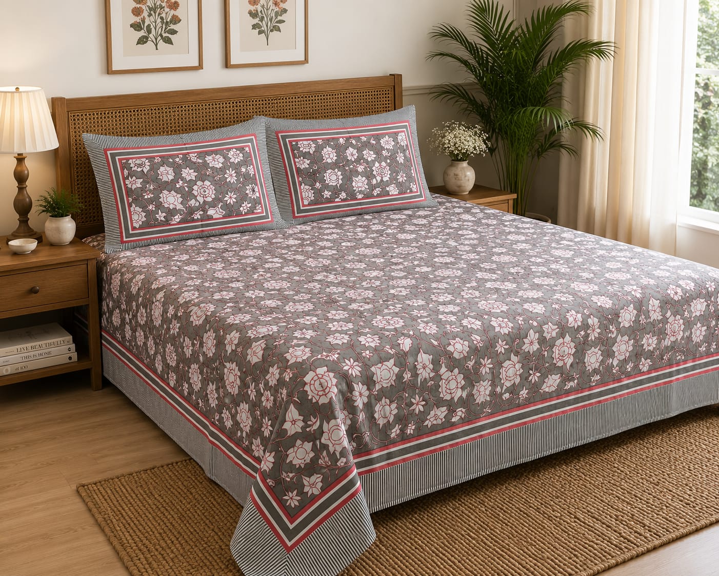 Grey Pink Floral Cotton King Size Bedsheet Set with 2 Pillow Covers | 100% Cotton | 225x275 cm | ChapaSSyahii