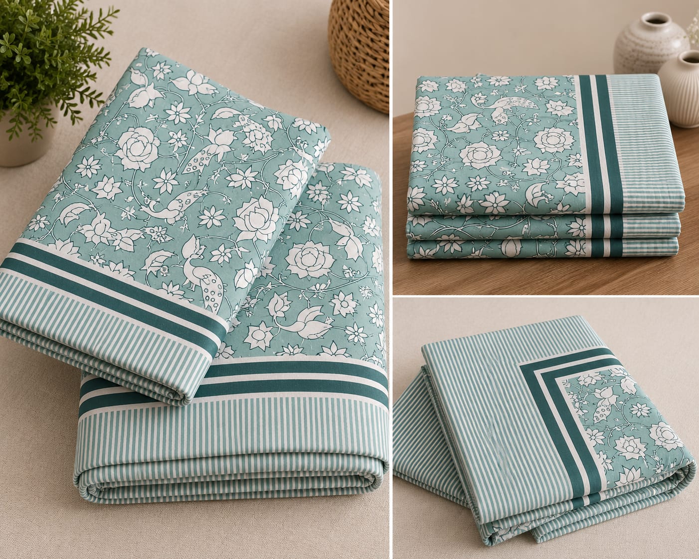 Aqua Blue Floral Cotton King Size Bedsheet Set with 2 Pillow Covers | 100% Cotton | 225x275 cm | ChapaSSyahii