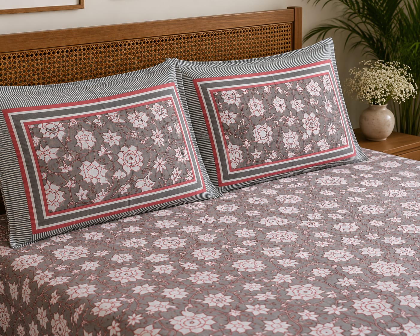Grey Pink Floral Cotton King Size Bedsheet Set with 2 Pillow Covers | 100% Cotton | 225x275 cm | ChapaSSyahii