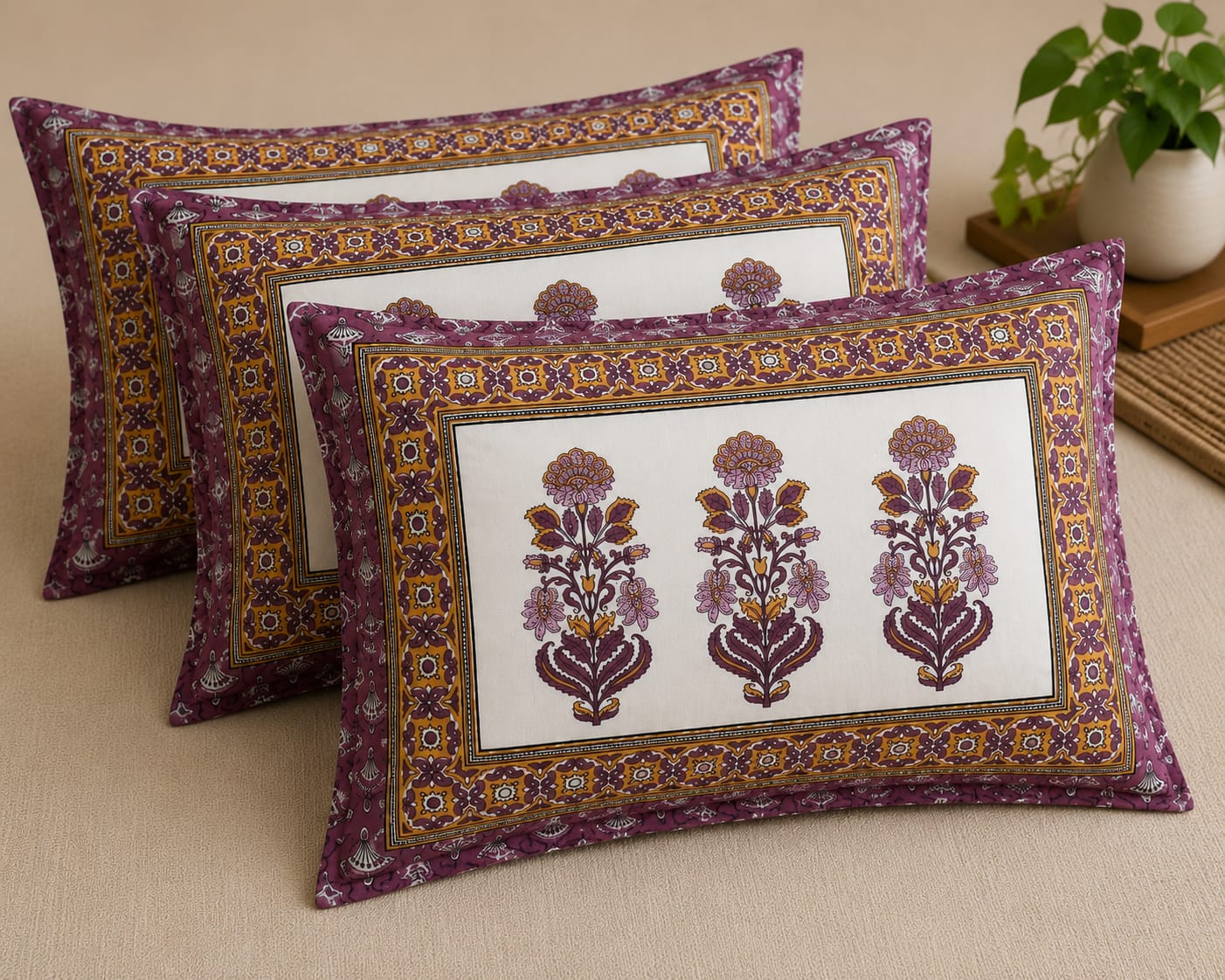 Plum Purple Floral Border Cotton King Size Bedsheet Set with 2 Pillow Covers | 100% Cotton | 225x275 cm | ChapaSSyahii