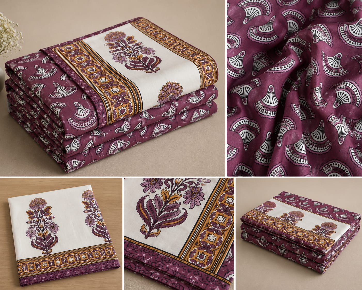 Plum Purple Floral Border Cotton King Size Bedsheet Set with 2 Pillow Covers | 100% Cotton | 225x275 cm | ChapaSSyahii
