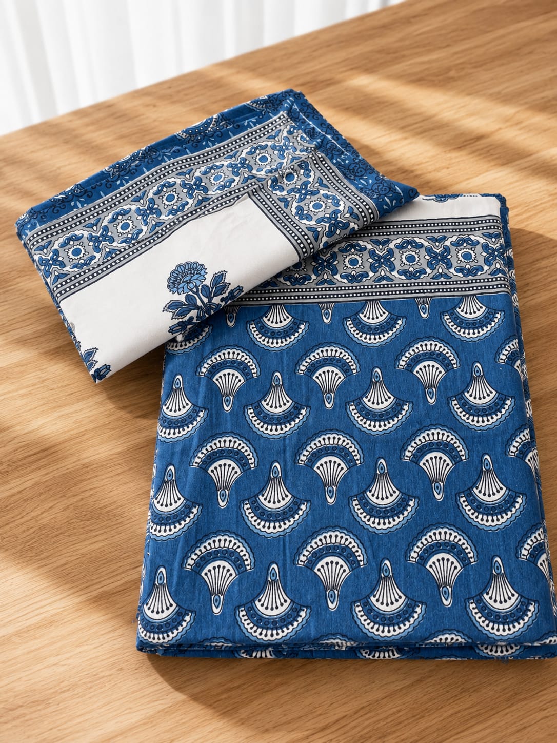 Indigo Blue Floral Border Cotton King Size Bedsheet Set with 2 Pillow Covers | 100% Cotton | 225x275 cm | ChapaSSyahii