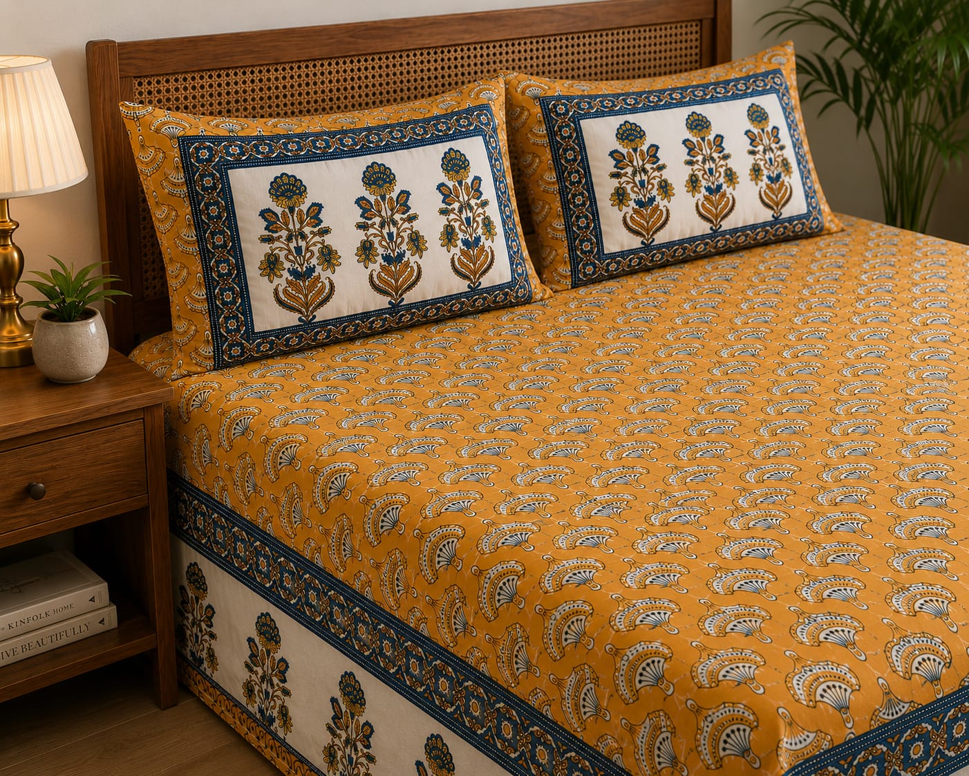 Mustard Blue Floral Border Cotton King Size Bedsheet Set with 2 Pillow Covers | 100% Cotton | 225x275 cm | ChapaSSyahii