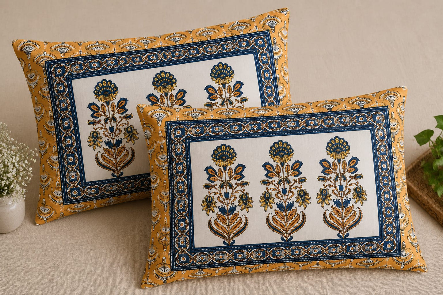 Mustard Blue Floral Border Cotton King Size Bedsheet Set with 2 Pillow Covers | 100% Cotton | 225x275 cm | ChapaSSyahii