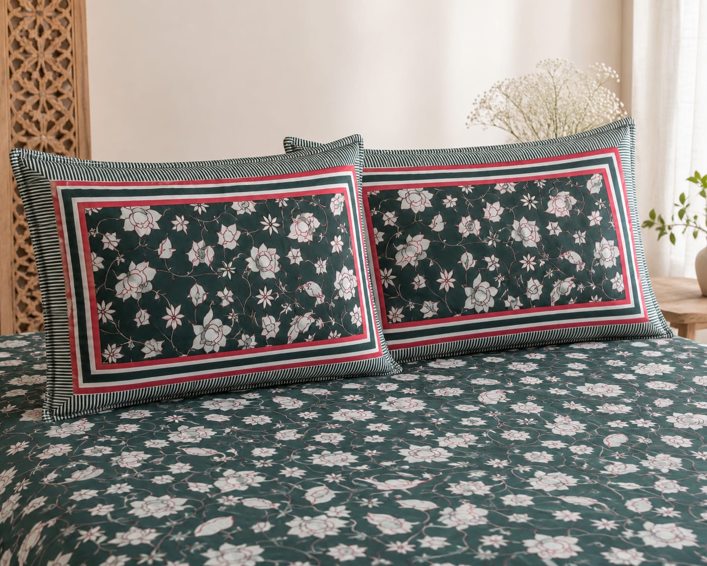 Teal Green Floral Cotton King Size Bedsheet Set with 2 Pillow Covers | 100% Cotton | 225x275 cm | ChapaSSyahii