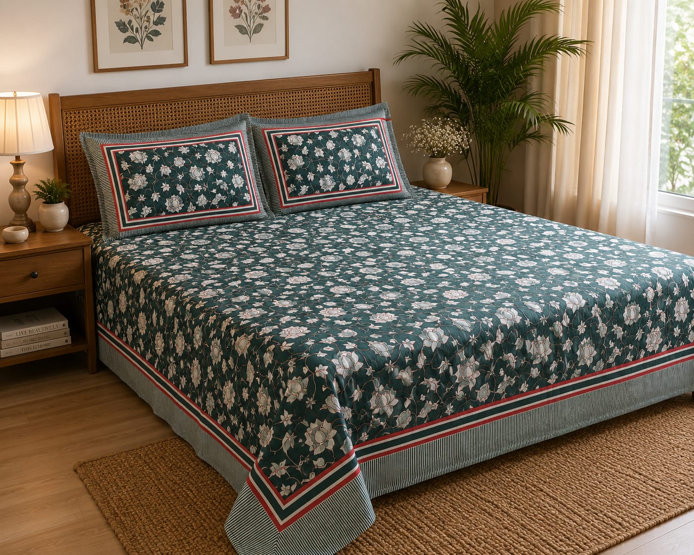 Teal Green Floral Cotton King Size Bedsheet Set with 2 Pillow Covers | 100% Cotton | 225x275 cm | ChapaSSyahii