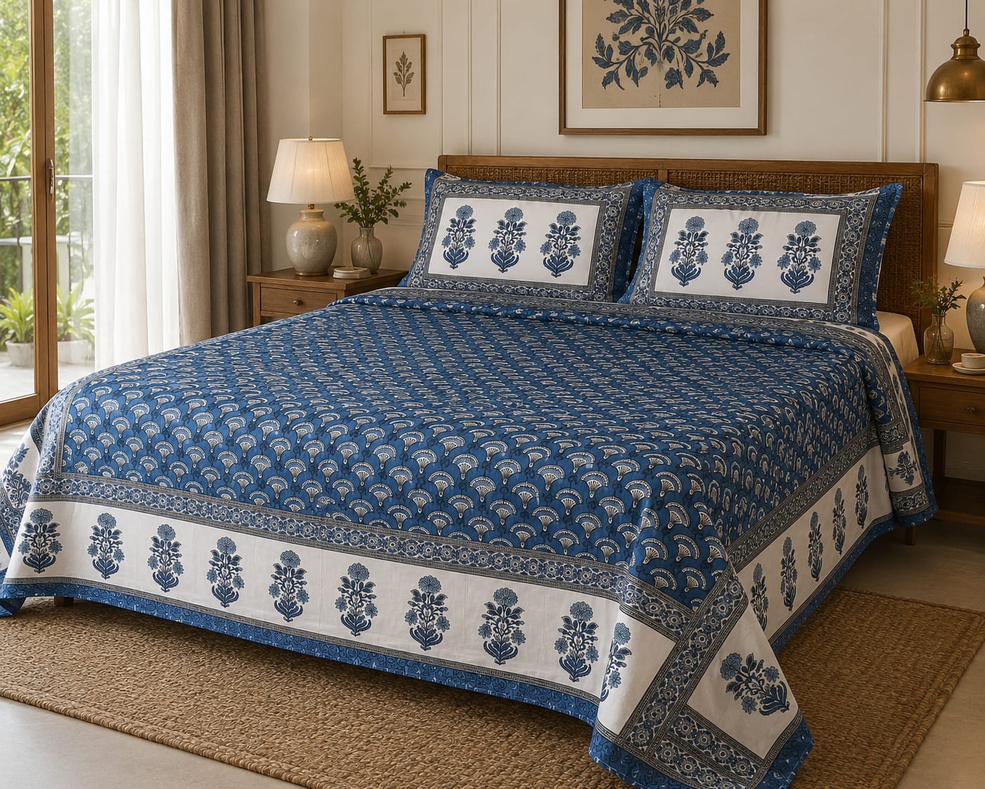 Indigo Blue Floral Border Cotton King Size Bedsheet Set with 2 Pillow Covers | 100% Cotton | 225x275 cm | ChapaSSyahii