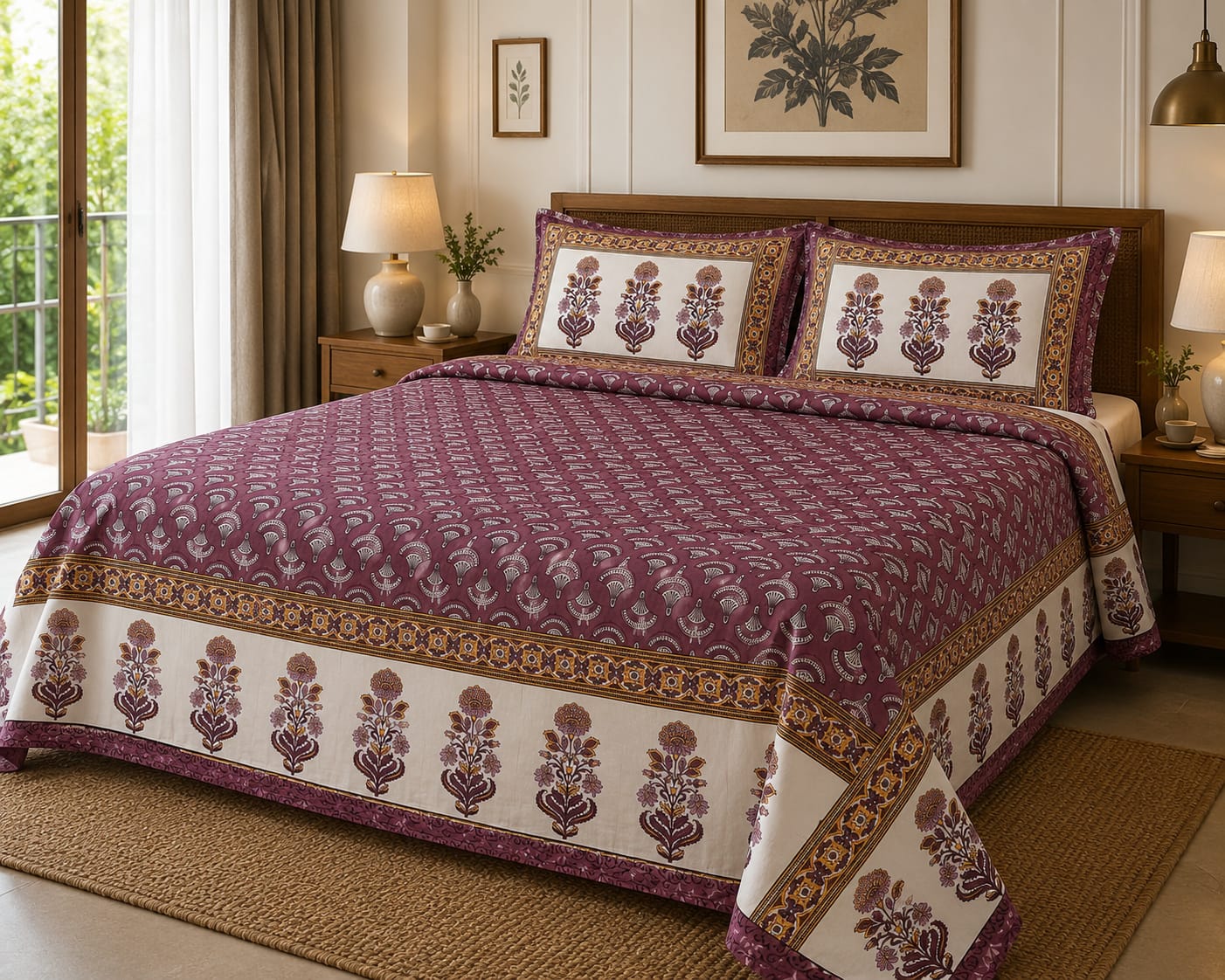 Plum Purple Floral Border Cotton King Size Bedsheet Set with 2 Pillow Covers | 100% Cotton | 225x275 cm | ChapaSSyahii