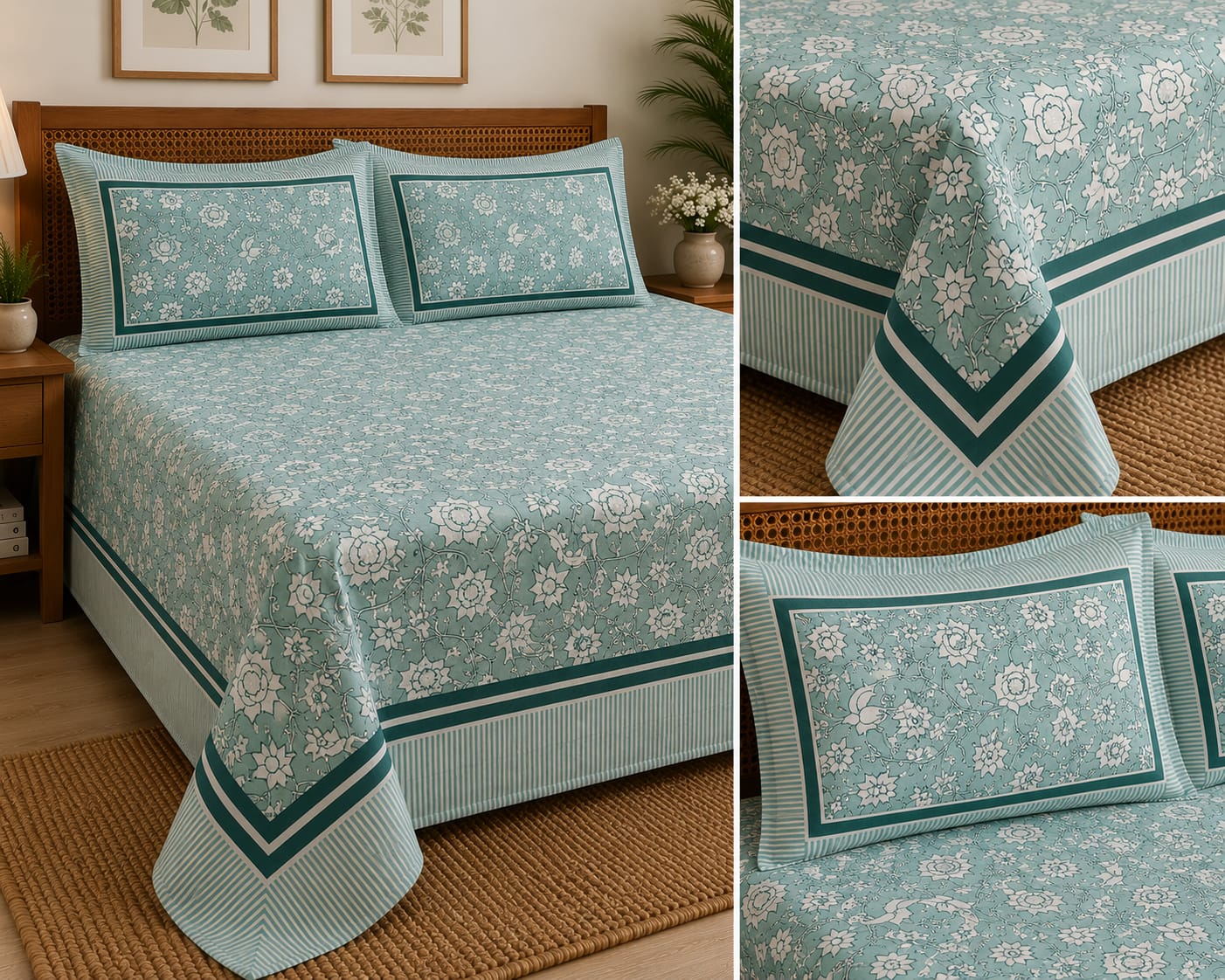 Aqua Blue Floral Cotton King Size Bedsheet Set with 2 Pillow Covers | 100% Cotton | 225x275 cm | ChapaSSyahii