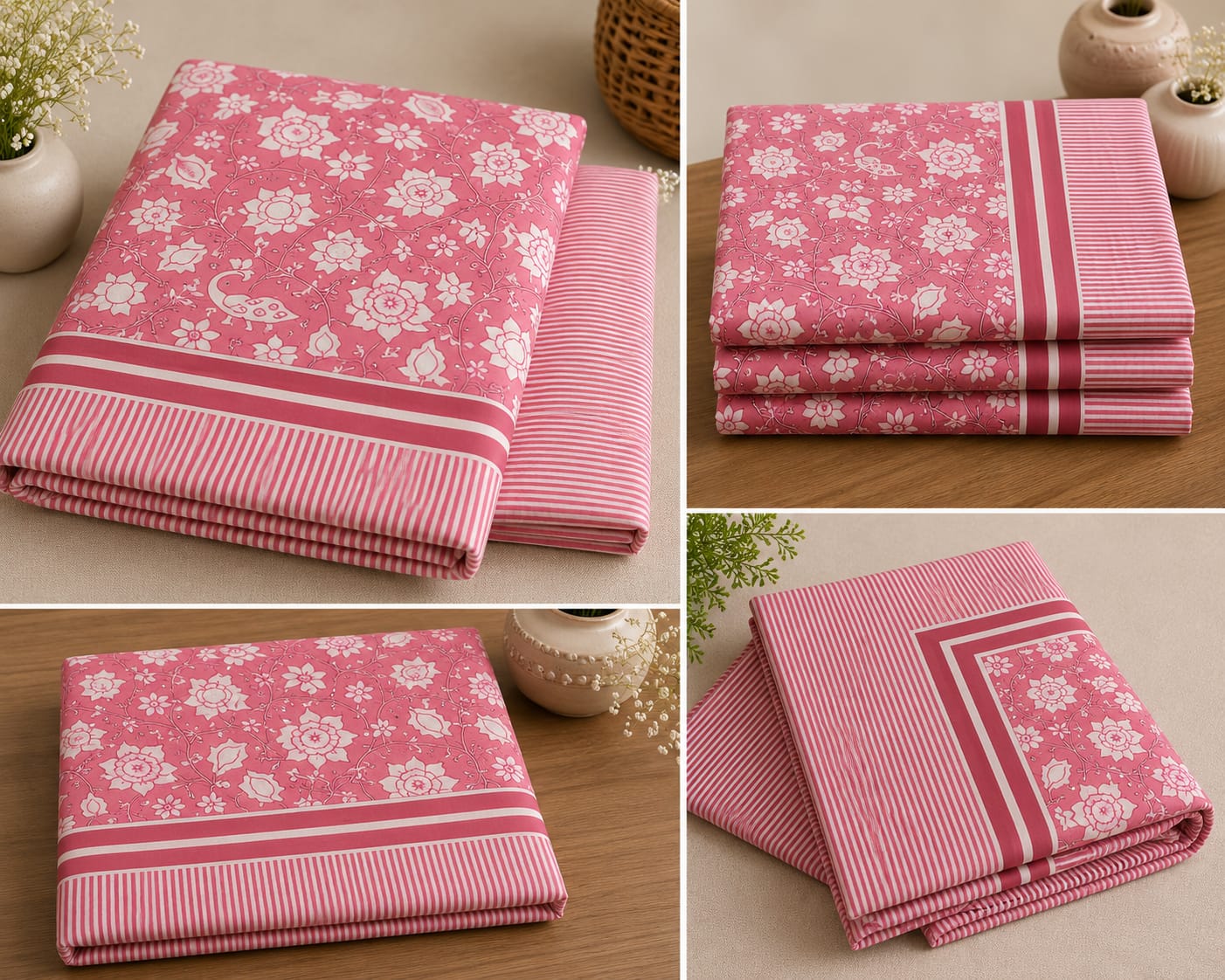 Pink Floral Cotton King Size Bedsheet Set with 2 Pillow Covers | 100% Cotton | 225x275 cm | ChapaSSyahii