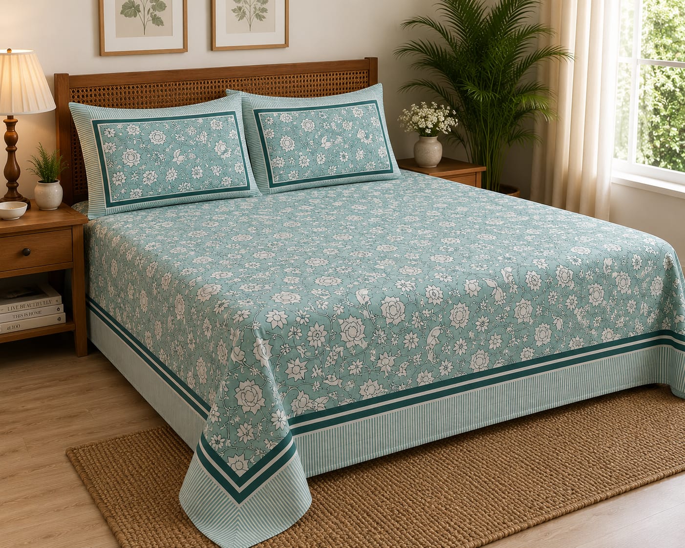 Aqua Blue Floral Cotton King Size Bedsheet Set with 2 Pillow Covers | 100% Cotton | 225x275 cm | ChapaSSyahii