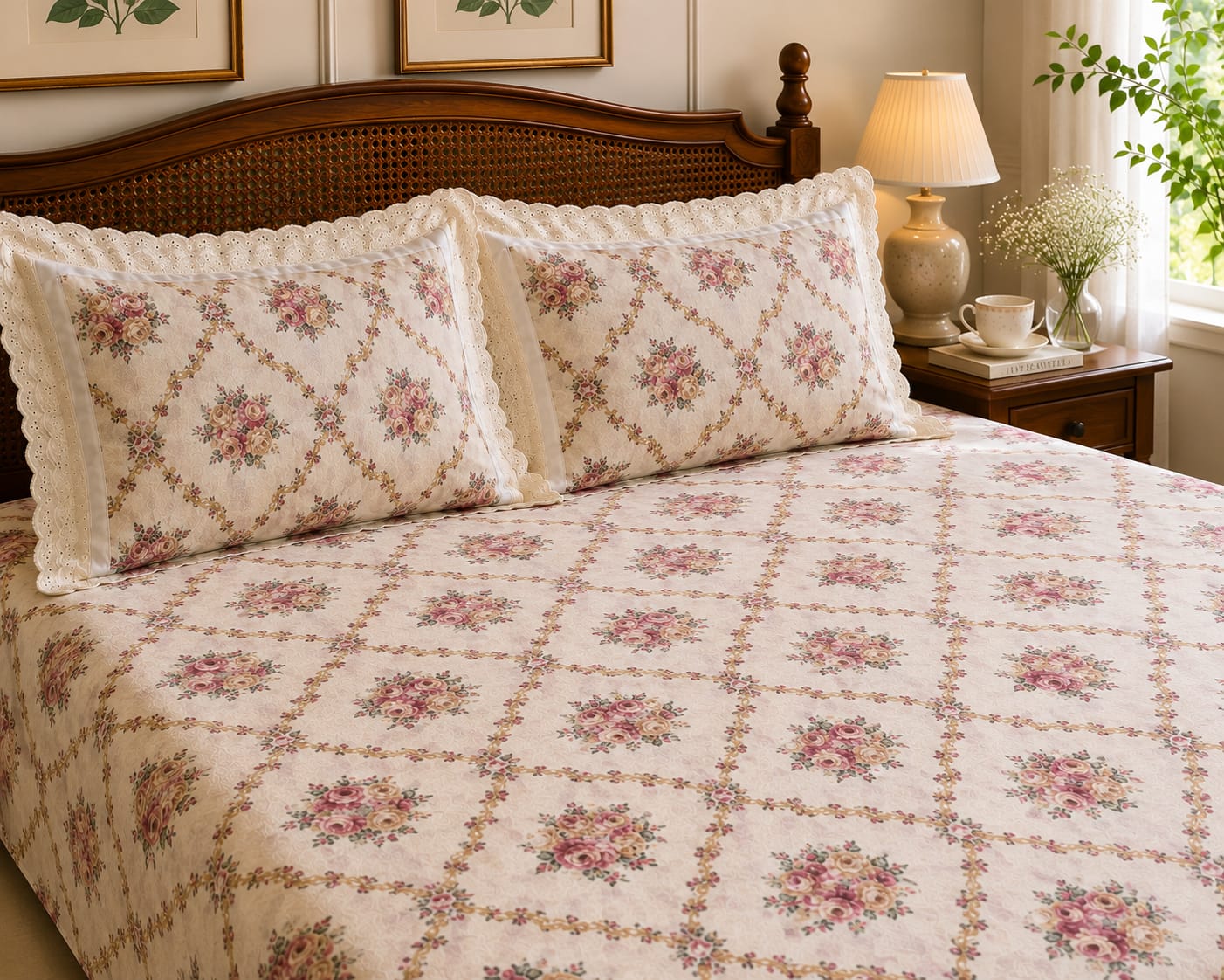 English Rose Lattice - Cotton King Size Bedsheet - ChapaSSyahii