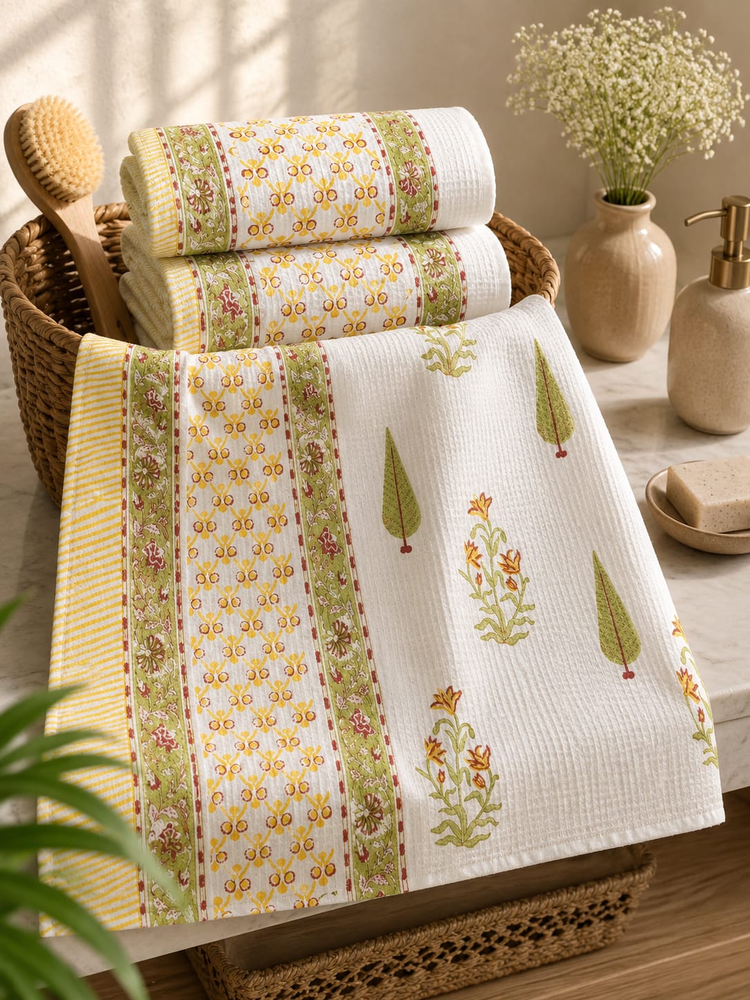 Yellow Floral Waffle Towel