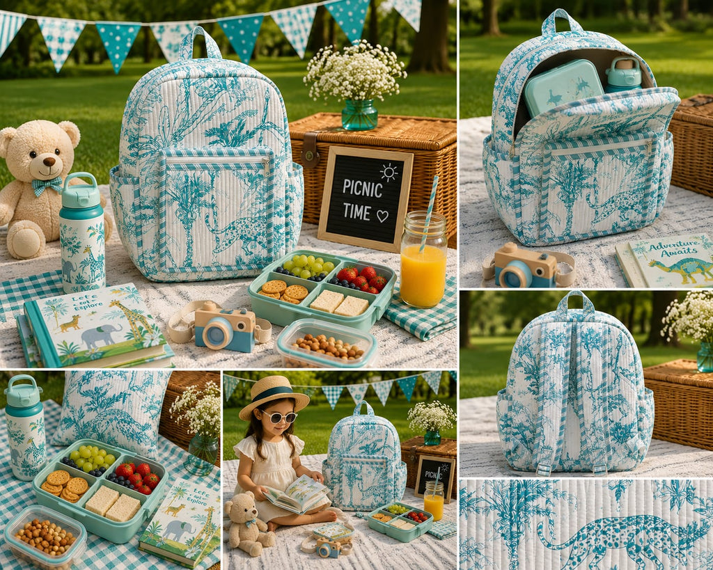 Teal Safari Handblock Printed Quilted Cotton Kids Backpack