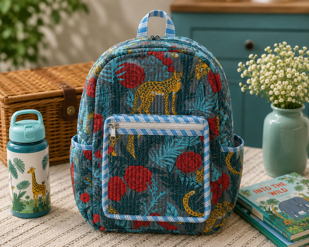 Charcoal Jungle Handblock Printed Quilted Cotton Kids Backpack