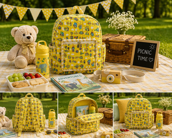 Sunshine Yellow Adventure Handblock Printed Quilted Cotton Kids Backpack