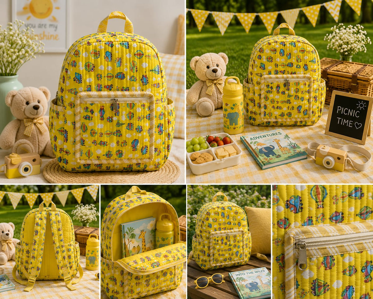 Sunshine Yellow Adventure Handblock Printed Quilted Cotton Kids Backpack
