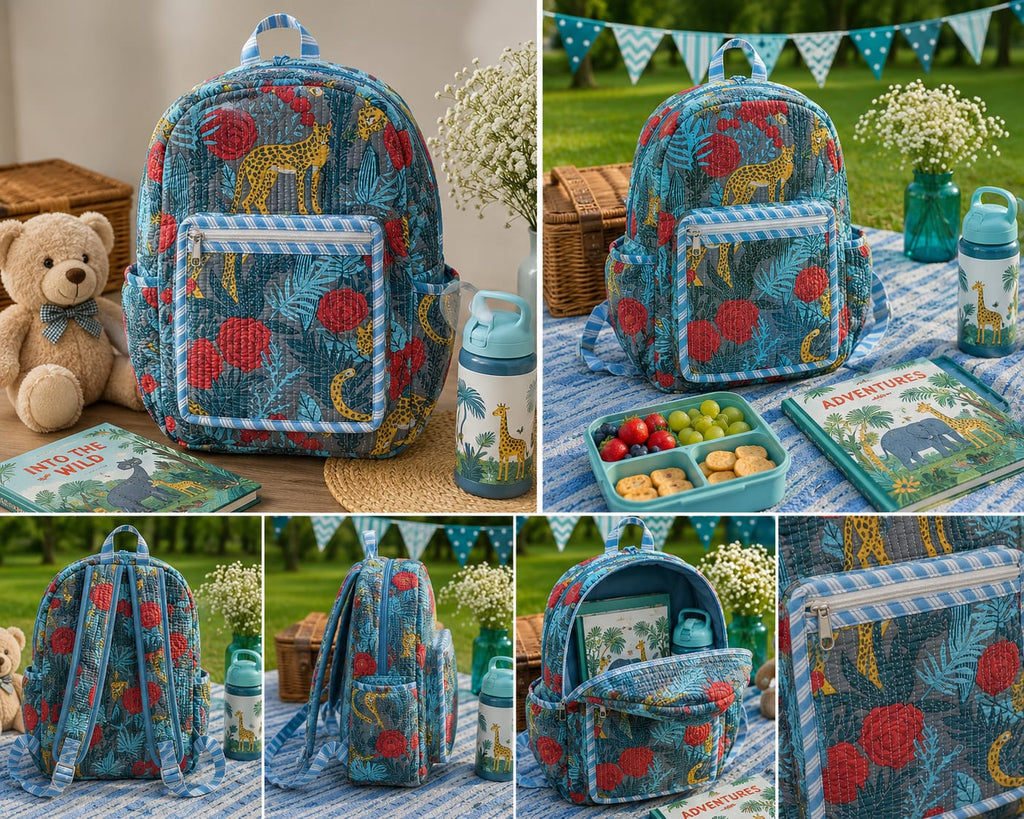 Charcoal Jungle Handblock Printed Quilted Cotton Kids Backpack