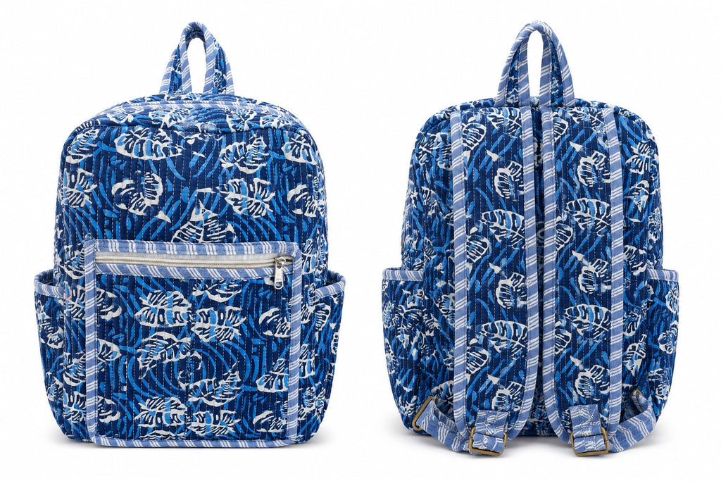 Indigo Blue Leaf Handblock Printed Quilted Cotton Kids Backpack