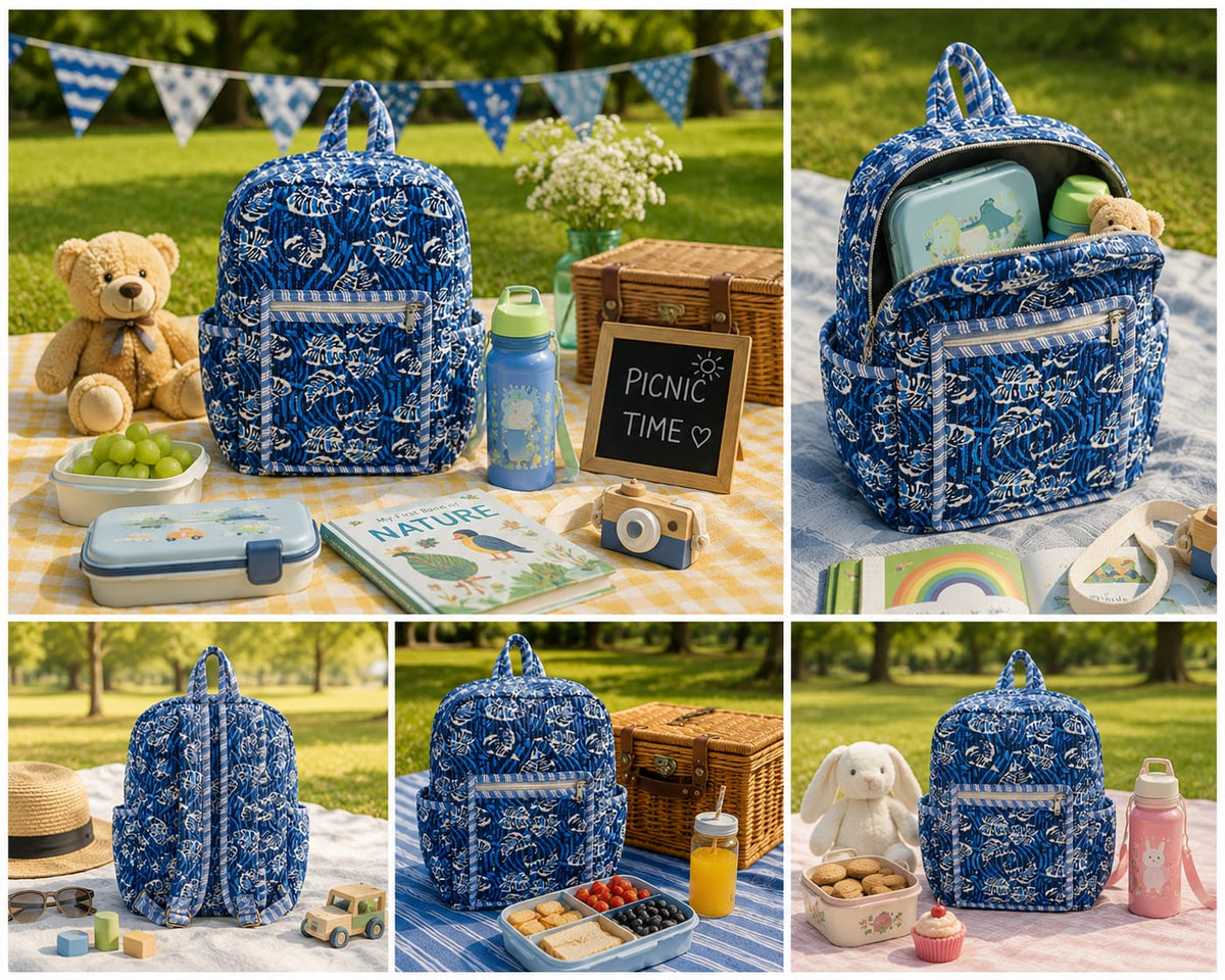 Indigo Blue Leaf Handblock Printed Quilted Cotton Kids Backpack