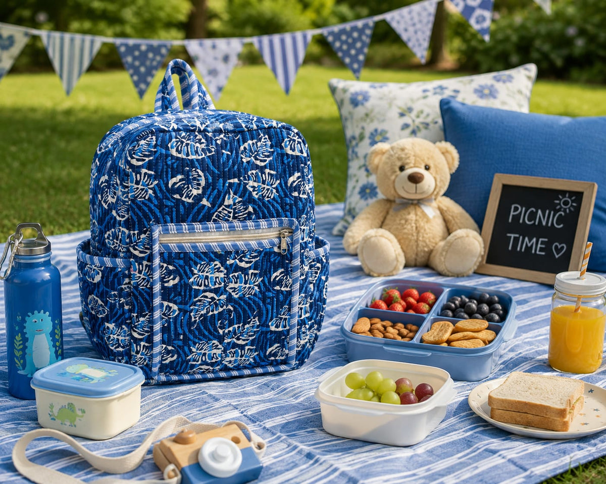 Indigo Blue Leaf Handblock Printed Quilted Cotton Kids Backpack