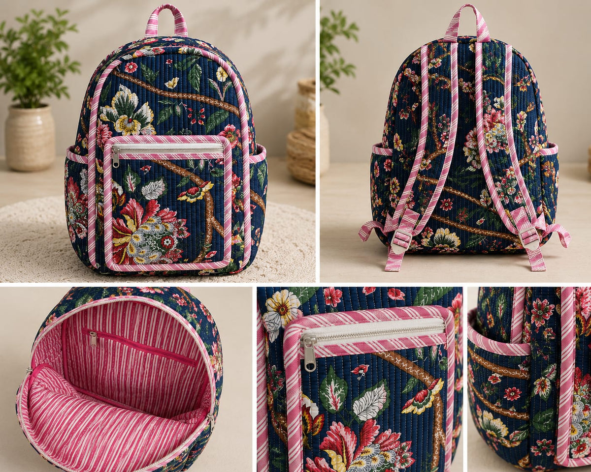 Indigo Floral Bloom Handblock Printed Quilted Cotton Kids Backpack