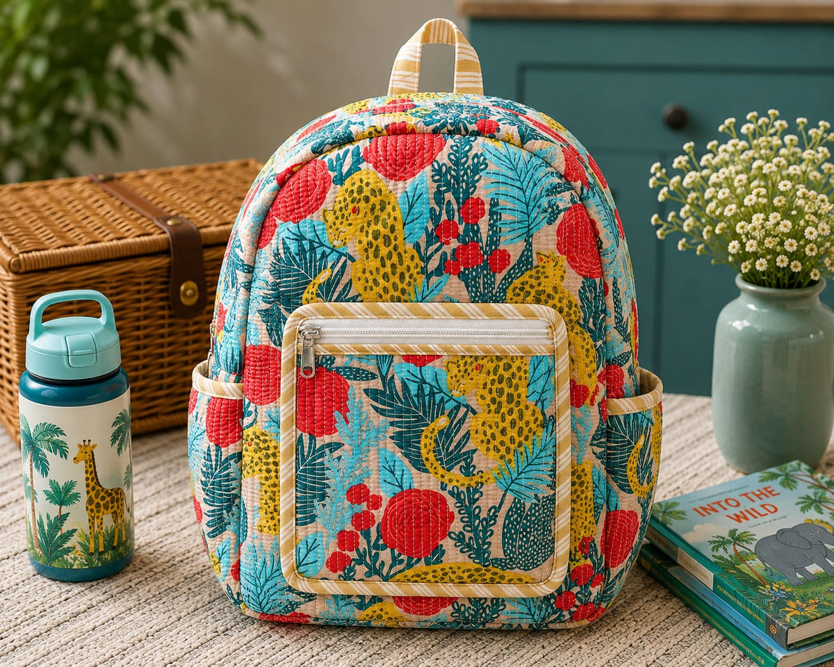 Ivory Cheetah Jungle Handblock Printed Quilted Cotton Kids Backpack
