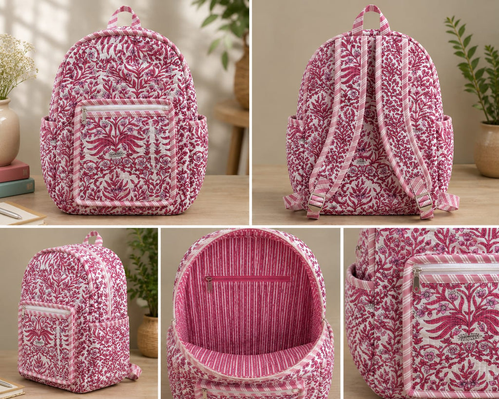 Rose Floral Vine Handblock Printed Quilted Cotton Kids Backpack