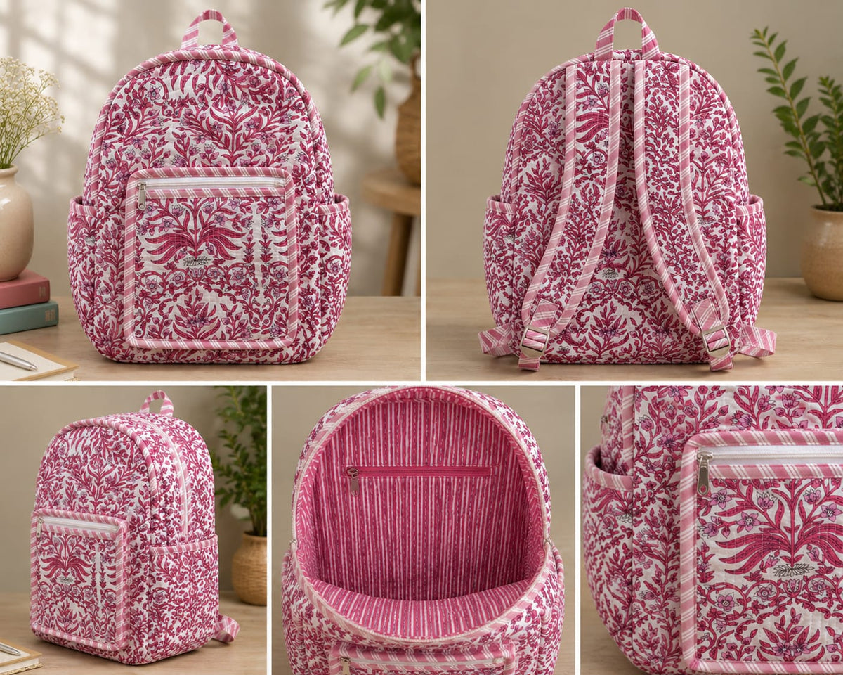 Rose Floral Vine Handblock Printed Quilted Cotton Kids Backpack