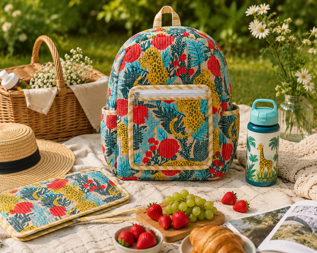 Ivory Cheetah Jungle Handblock Printed Quilted Cotton Kids Backpack