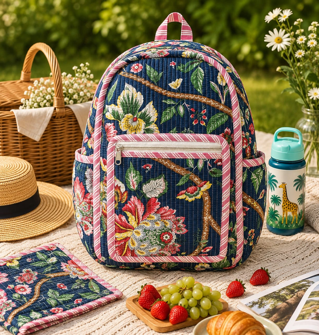 Indigo Floral Bloom Handblock Printed Quilted Cotton Kids Backpack