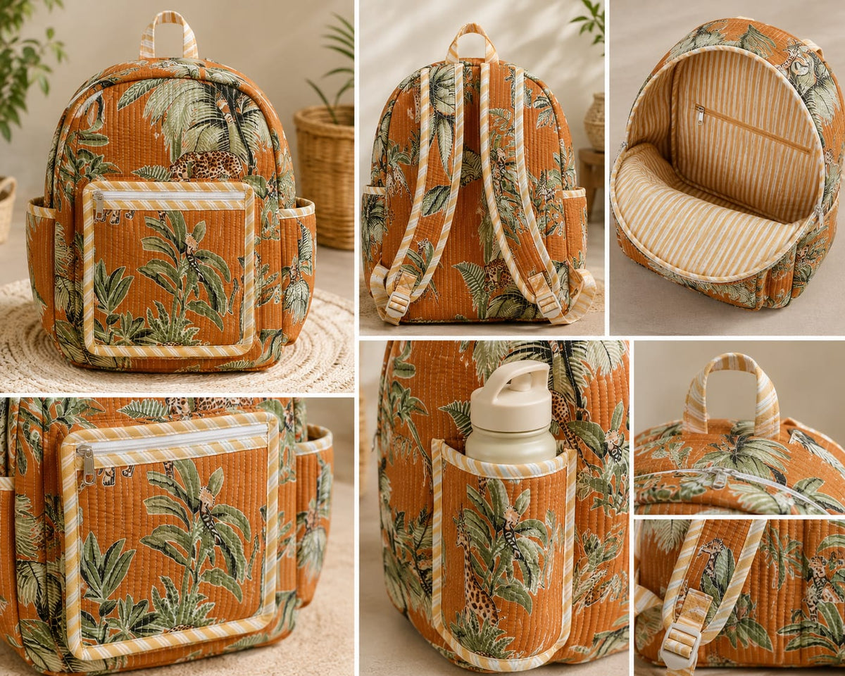 Tropical Multicolor Leopard Handblock Printed Quilted Cotton Kids Backpack