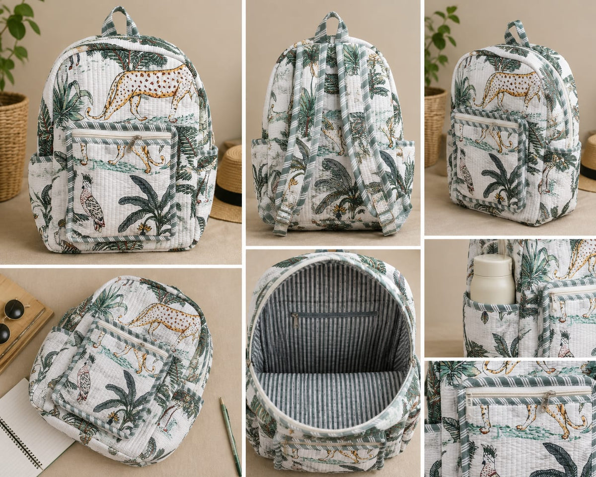 Rust Safari Leopard Handblock Printed Quilted Cotton Kids Backpack