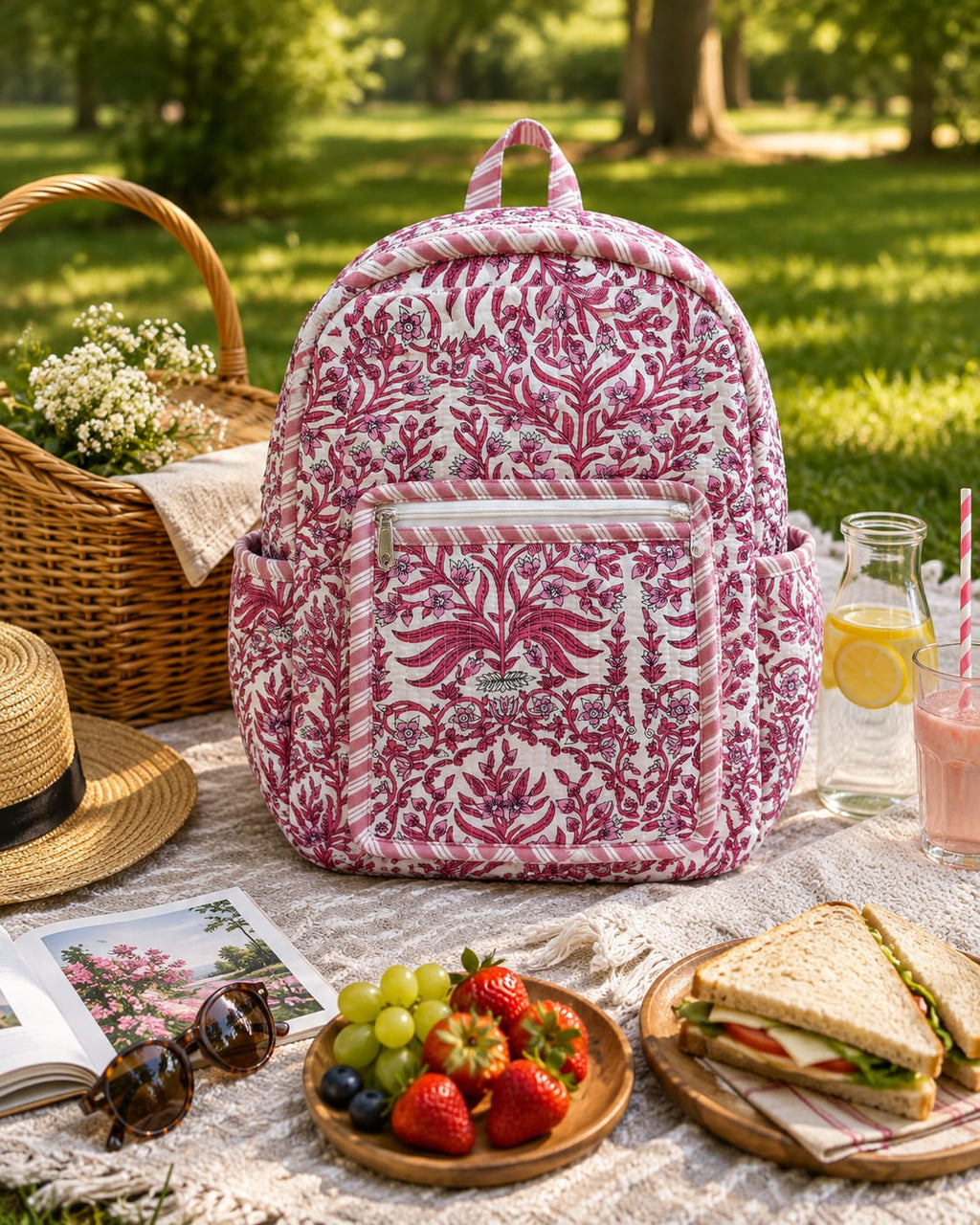 Rose Floral Vine Handblock Printed Quilted Cotton Kids Backpack