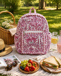 Rose Floral Vine Handblock Printed Quilted Cotton Kids Backpack