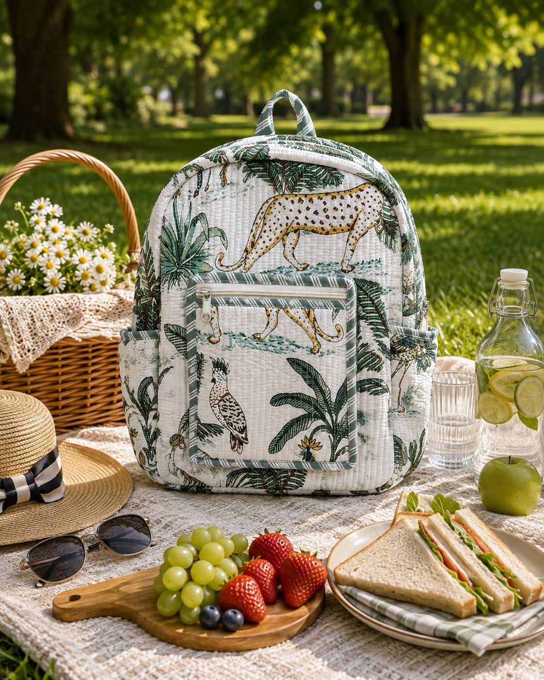 Rust Safari Leopard Handblock Printed Quilted Cotton Kids Backpack