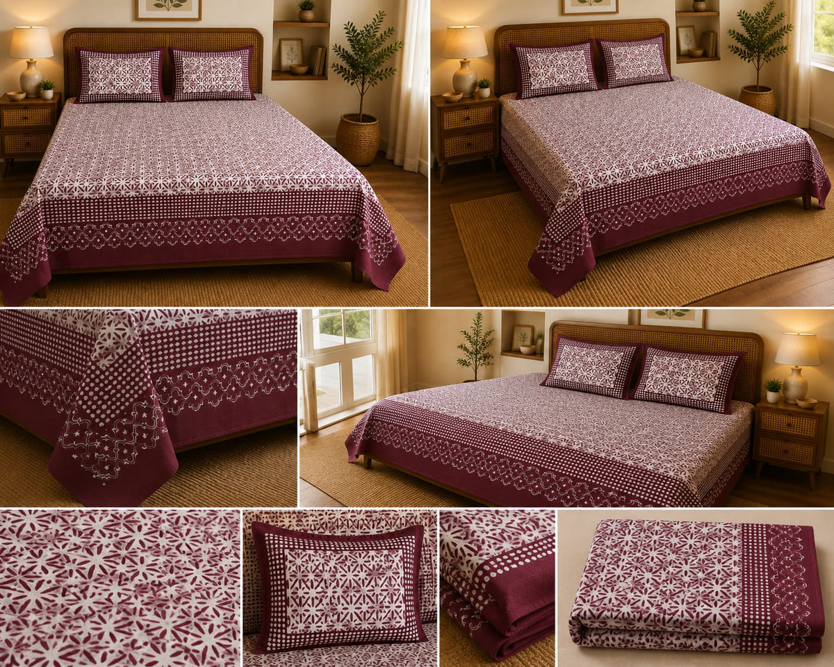Maroon Geometric Trellis Cotton King Size Bedsheet Set