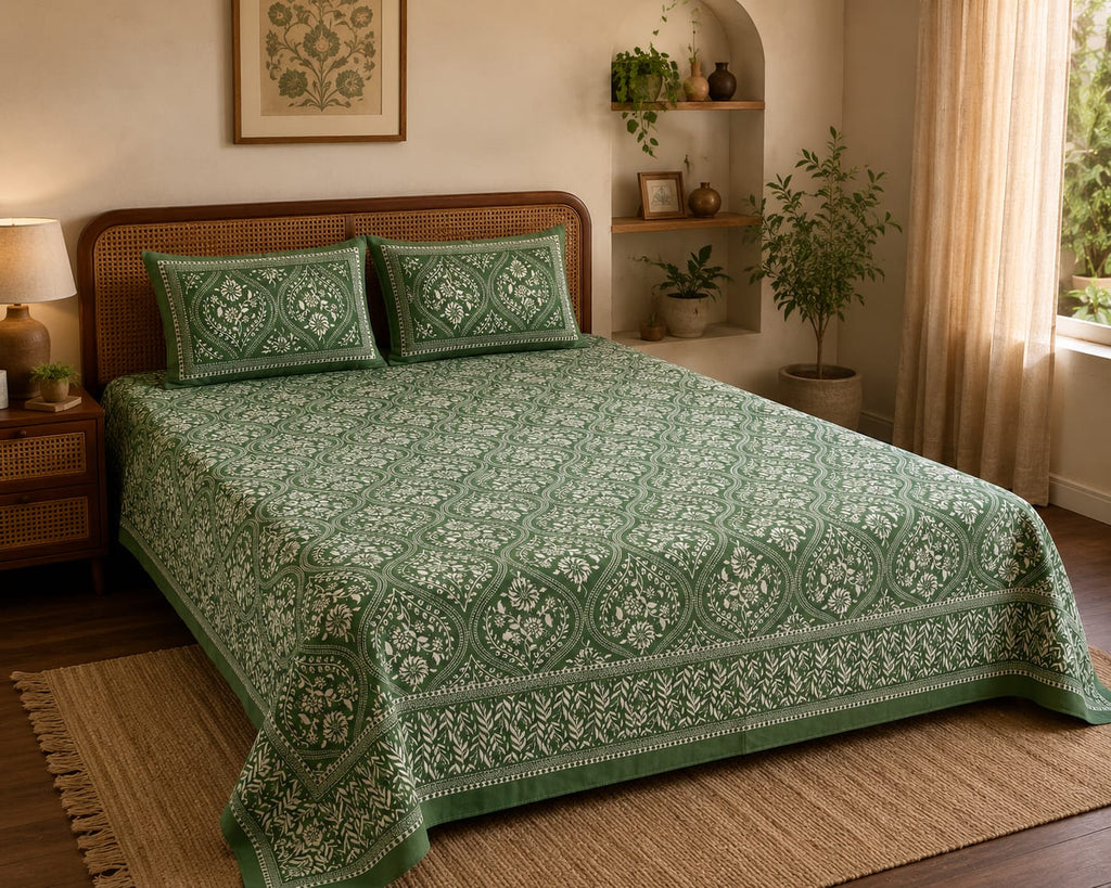 Bottle Green Paisley Medallion Cotton King Size Bedsheet Set