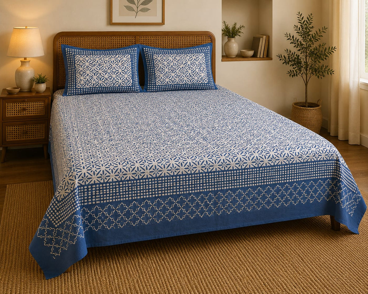 Indigo Blue Geometric Trellis Cotton King Size Bedsheet Set