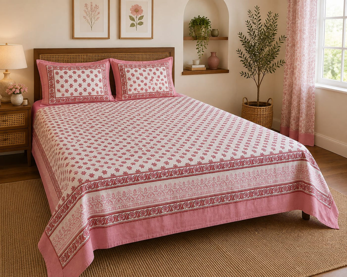 Rose Pink Floral Jaal Cotton King Size Bedsheet Set