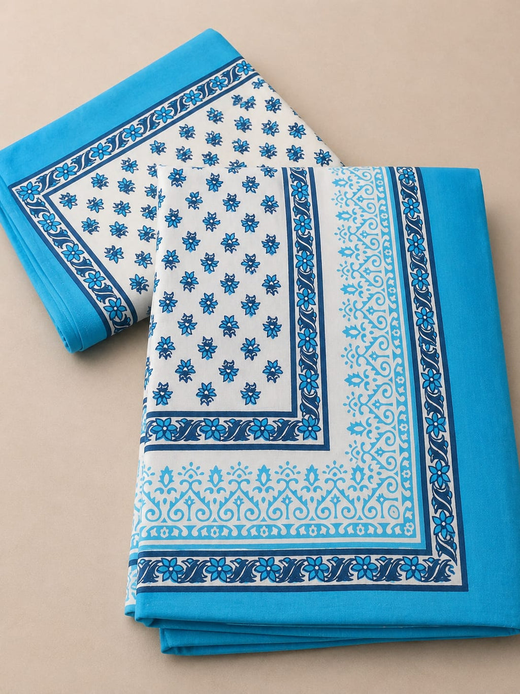 Turquoise Blue Floral Jaal Cotton King Size Bedsheet Set
