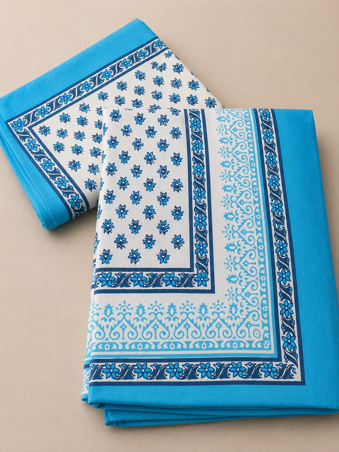 Turquoise Blue Floral Jaal Cotton King Size Bedsheet Set
