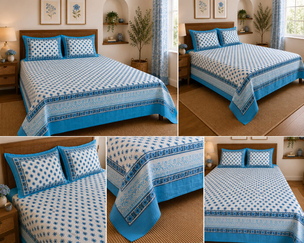 Turquoise Blue Floral Jaal Cotton King Size Bedsheet Set
