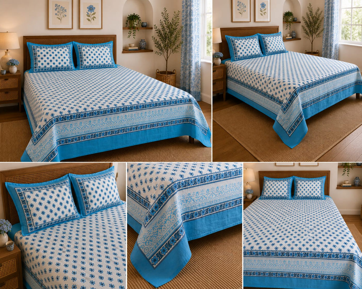 Turquoise Blue Floral Jaal Cotton King Size Bedsheet Set