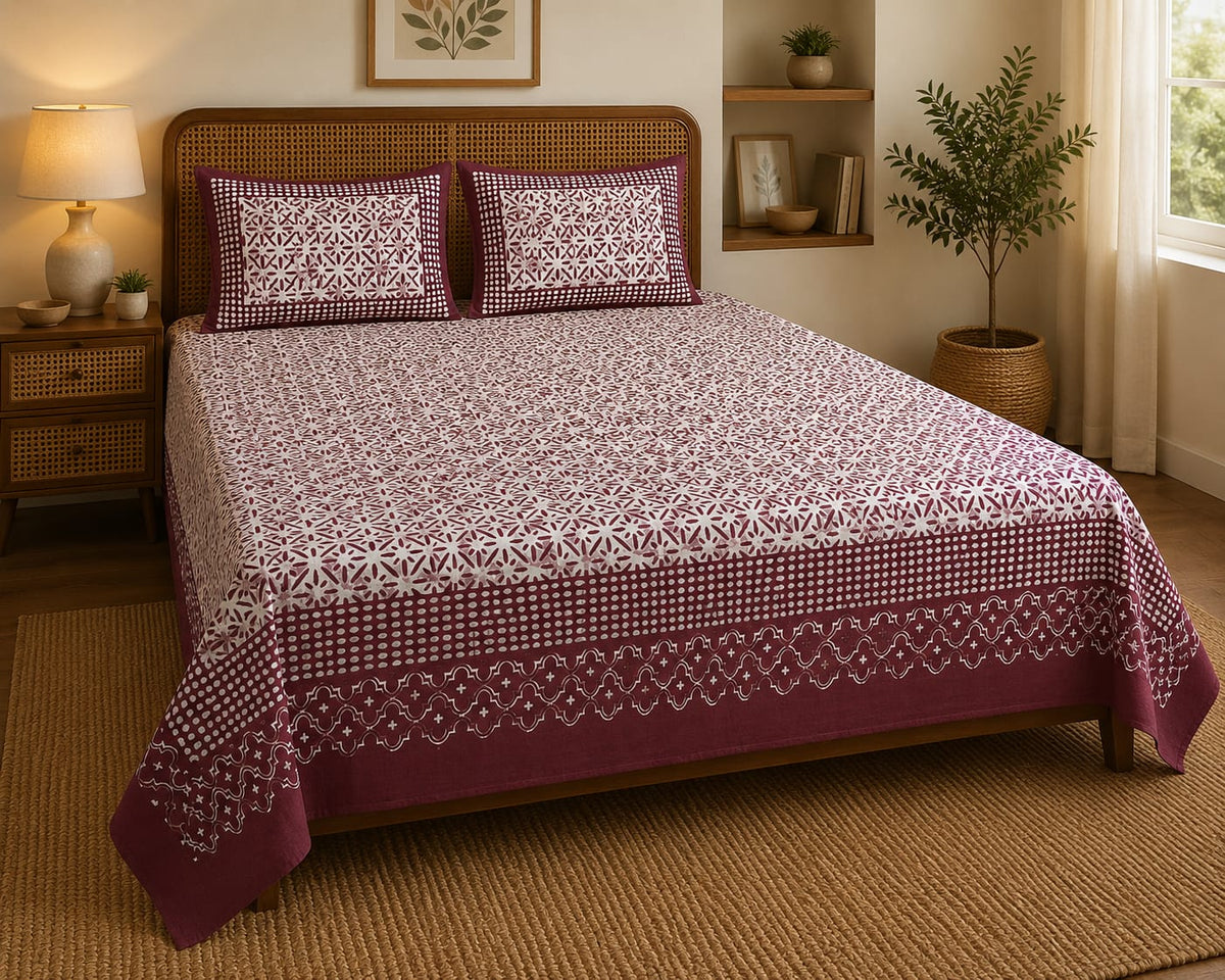 Maroon Geometric Trellis Cotton King Size Bedsheet Set